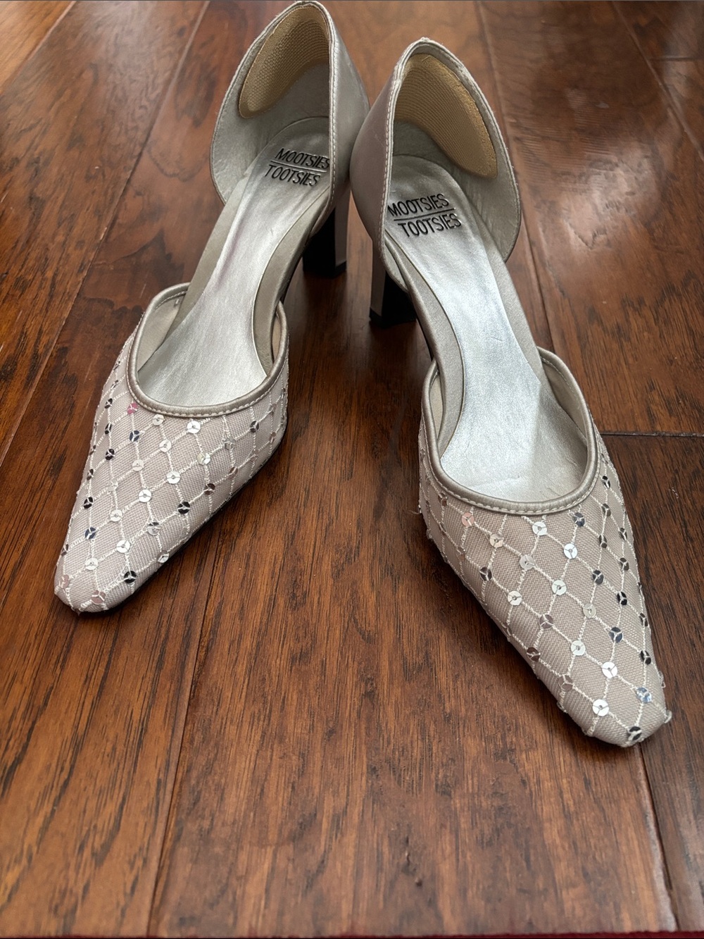 Mootsies Tootsies Beige Mesh D'Orsay Heels with Sequin Lattice